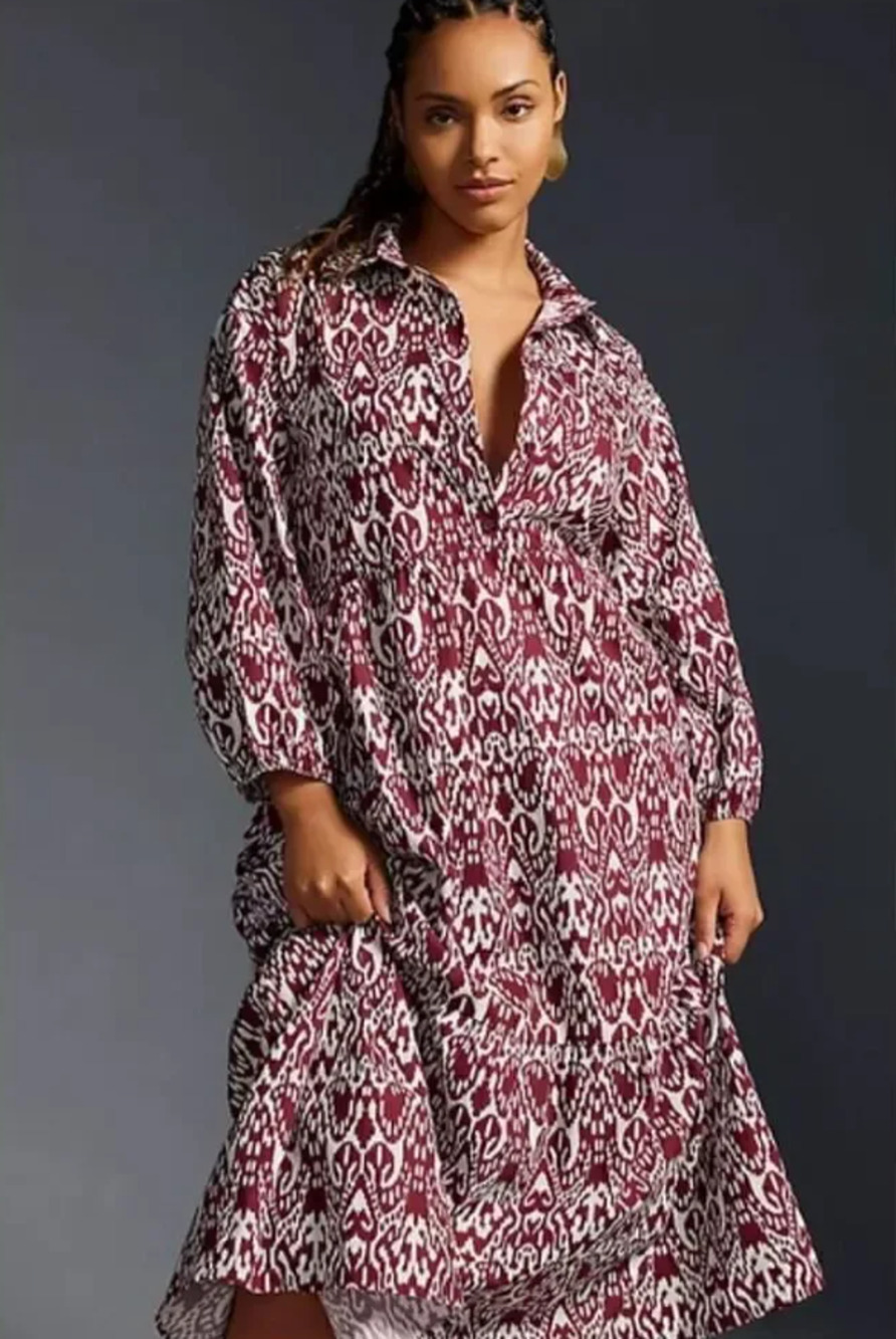 Anthropologie Maeve The Bettina Cotton Shirt Dress Wine White Print Size Large